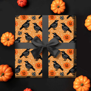 Süßes orange Halloween-Krähen-Kürbis-Muster  Geschenkpapier