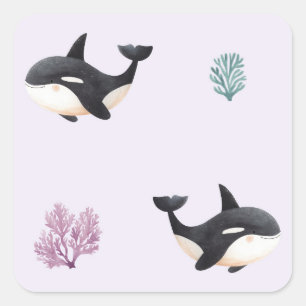 Süßes Orca-Wal-Muster Ozean Meer Leben Kinderzimme Quadratischer Aufkleber