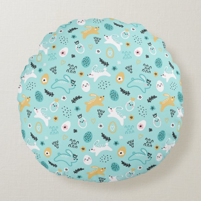 Süßes Osterhasen-Muster Kawaii Kaninchen Eier Rundes Kissen (Vorderseite)
