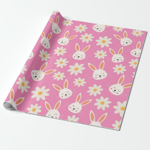 Süßes Osterhasenmuster mit Blumen auf Rosa Geschenkpapier