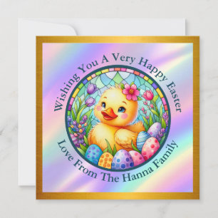 Süßes Osterküken, Blumen und bunte Eier Einladung