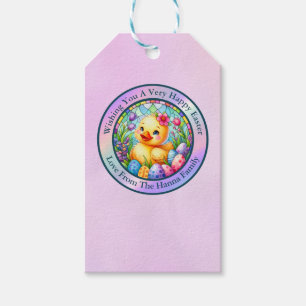 Süßes Osterküken, Blumen und bunte Eier Geschenkanhänger