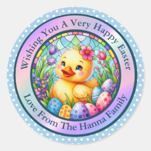 Süßes Osterküken, Blumen und bunte Eier Runder Aufkleber