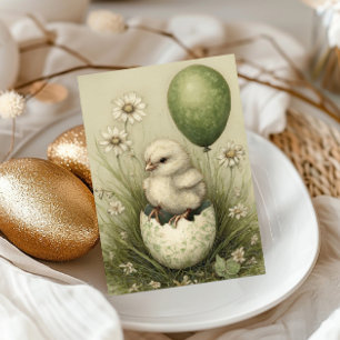 Süßes Osterküken mit Osterei Frühlingsgänseblümche Feiertagskarte