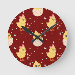 Süßes Osterküken mit rosa Schleife nahtloses Muste Runde Wanduhr