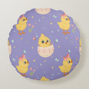 Süßes Osterküken mit rosa Schleife nahtloses Muste Rundes Kissen
