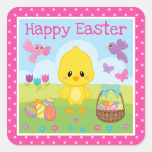 Süßes Osterküken und Schokoladeneier Ostern Quadratischer Aufkleber