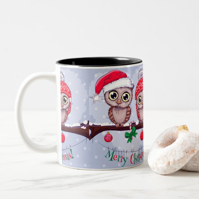 Süßes Owl zu Weihnachten Zweifarbige Tasse (Mit Donut)