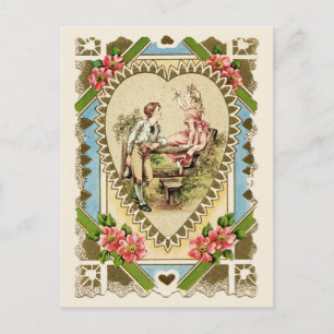 Süßes Paar im Herzrahmen Vintage-Reproduktion Postkarte