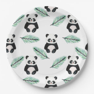 Süßes Panda- und Palmblattmuster Pappteller