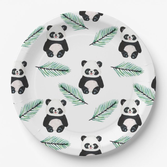 Süßes Panda- und Palmblattmuster Pappteller (Vorderseite)