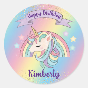 Süßes Pastell-Einhorn und funkelnder Regenbogen-Go Runder Aufkleber