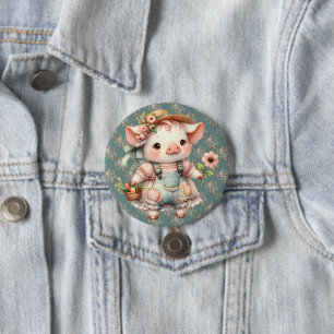 Süßes Pastell-Ferkel in Cottagecore-Overall Button