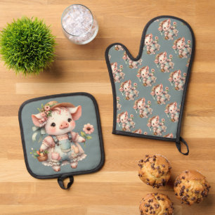 Süßes Pastell-Ferkel in Cottagecore-Overall Ofenhandschuh & Topflappen-Set