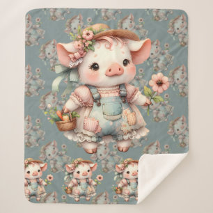 Süßes Pastell-Ferkel in Cottagecore-Overall Sherpadecke