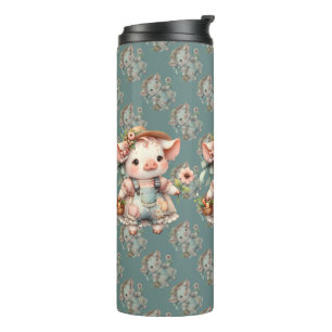 Süßes Pastell-Ferkel in Cottagecore-Overall Thermosbecher