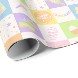 Süßes Pastell-Geburtstagsmuster mit Party-Symbolen Geschenkpapier