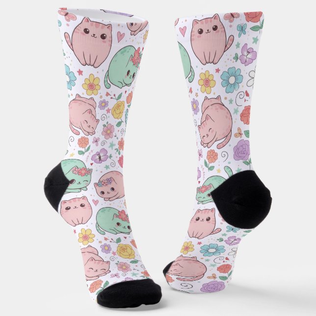 Süßes Pastell-Kawaii-Katze und Frühlingsblumenmust Socken (Gewinkelt)