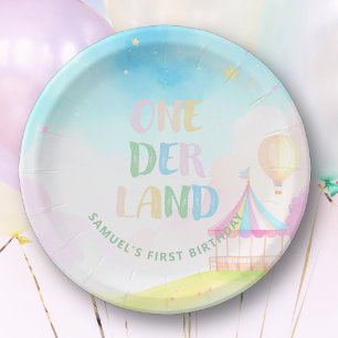 Süßes Pastell-Onederland-Wasserfarbe 1. Geburtstag Pappteller