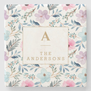 Süßes pastellblaues Wasserfarben-Blumen-Monogramm  Steinuntersetzer