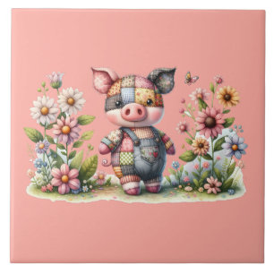 Süßes Patchwork-Ferkel im Blumen Garten Fliese