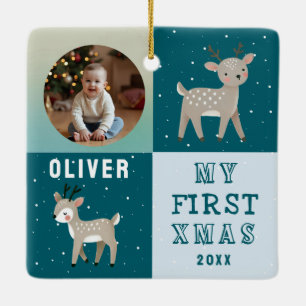 Süßes personalisiertes Baby-Foto-Rentier-Weihnacht Keramikornament