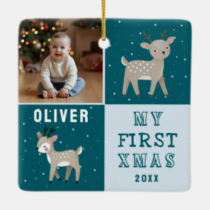 Süßes personalisiertes Baby-Foto-Rentier-Weihnacht Keramikornament