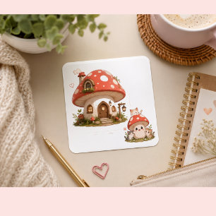 Süßes Pilzhaus-Sticker   Whimsical Cottagecore Quadratischer Aufkleber