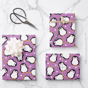 Süßes Pinguin-Muster Lila Muster Geschenkpapier Set