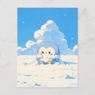 Süßes Pinguinküken in sonniger schneebedeckter Lan Postkarte