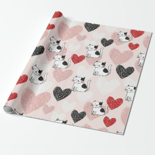Süßes Pink Kawaii Katzen & Herzen Muster (9) Geschenkpapier