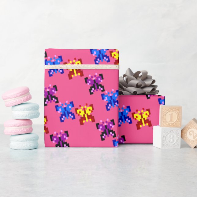 Süßes Pixel-Schmetterlingsmuster mit heißem rosa H Geschenkpapier (Babyparty)