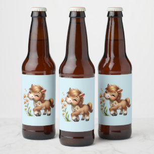 Süßes Pony, das Gänseblümchen isst Bierflaschenetikett