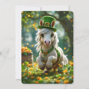 Süßes Pony mit grüner Mütze, Zaumzeug und Blumen Feiertagskarte