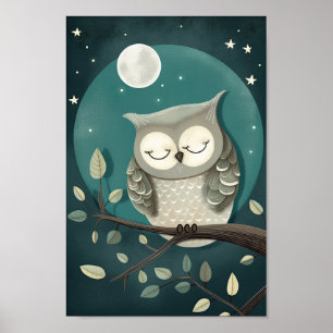 Süßes Poster einer Eule, die unter dem Mond und S