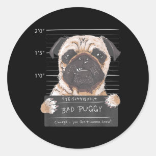 Süßes Pug-Mugshot Schlechtes Puggy-Welpen-Humor Lu Runder Aufkleber