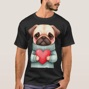 Süßes Pug-Welpen-Pullover mit rotem Herz Liebe T-Shirt