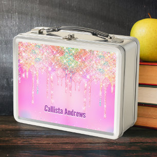 Süßes Regenbogen-Einhorn Glitter-Tropfen rosa pers Metall Brotdose
