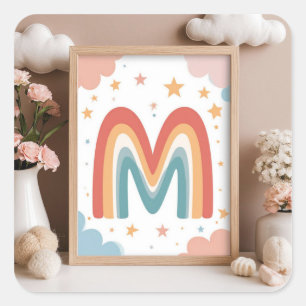 ☁️ Süßes Regenbogen-Monogramm M Anfangsdesign ☁️ Quadratischer Aufkleber