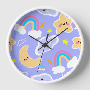 Süßes Regenbogen-Wolkenmuster Blau Uhr