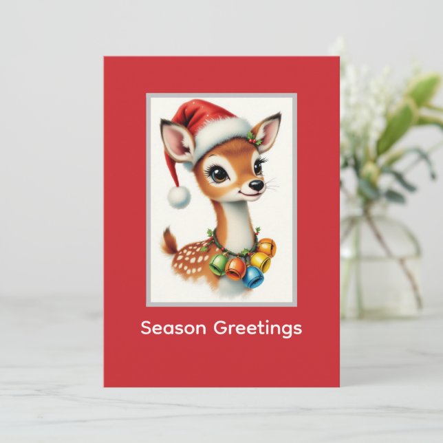 Süßes Reh Rentier Weihnachtsmann Hut Feiertagskarte (Stehend Vorderseite)