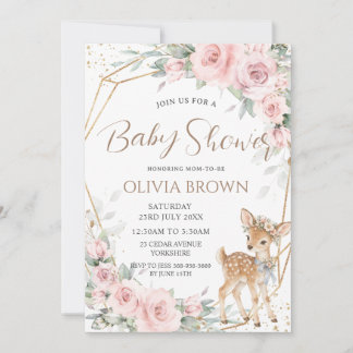 Süßes Reh-Rosa-Blüten-Mädchen-Baby-Party Einladung