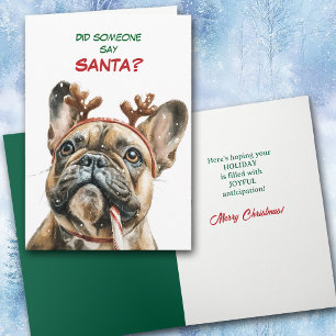 Süßes Renntier French Bulldog sucht nach Santa Feiertagskarte