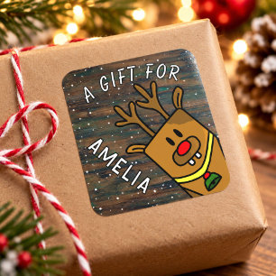 Süßes Rentier Holz Kindername Weihnachtsgeschenk Quadratischer Aufkleber