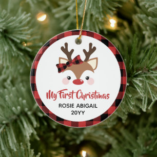 Süßes Rentier Karo-Schleife 1. Weihnachten Baby-Fo Keramik Ornament
