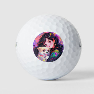 Süßes Retro-Anime-Mädchen und ihr Hund Golfball