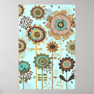 Süßes Retro-Blau, braunes Blumenmuster individuell Poster