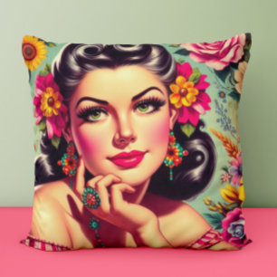 Süßes Retro-Blumen Pin-up-Porträt Kissen