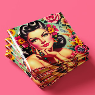 Süßes Retro-Blumen Pin-up-Porträt Magnet