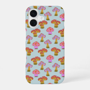 Süßes Retro-Hippie-Pilzmuster in Pastellblau  iPhone 16 Hülle